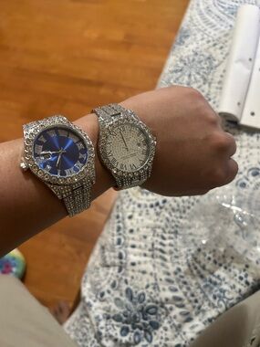 Silver CZ iced Men's Watch with Blue Dial